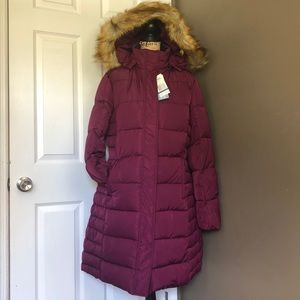Long Puffy Coat Faux Fur Trim Hood Burgandy Neva